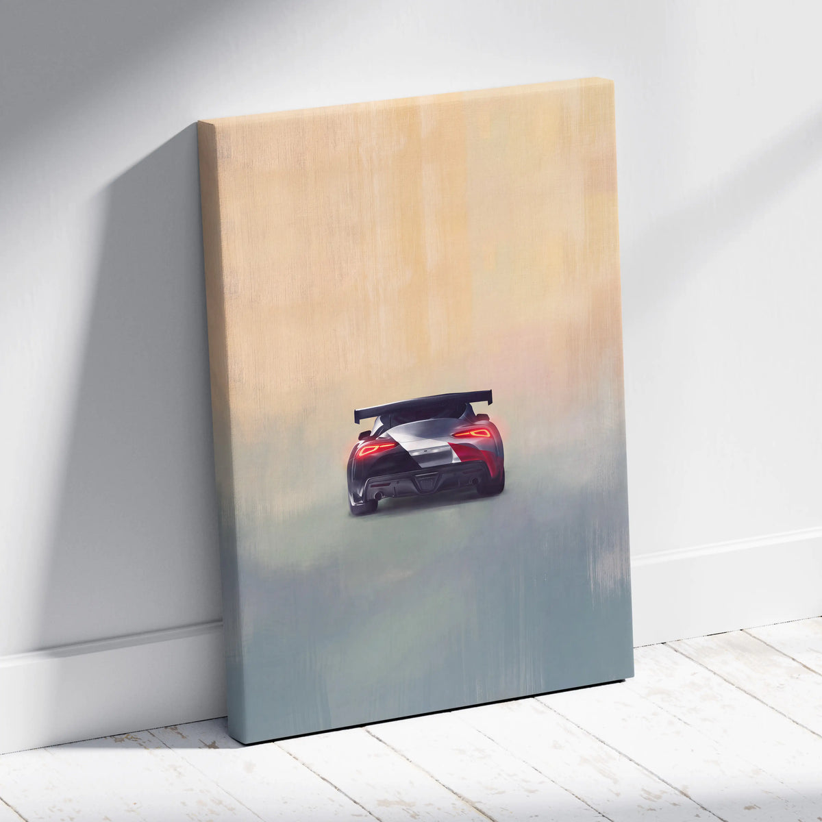 A sleek red and black toyota gr supra inspired canvas print with glowing taillights for garage wall decor