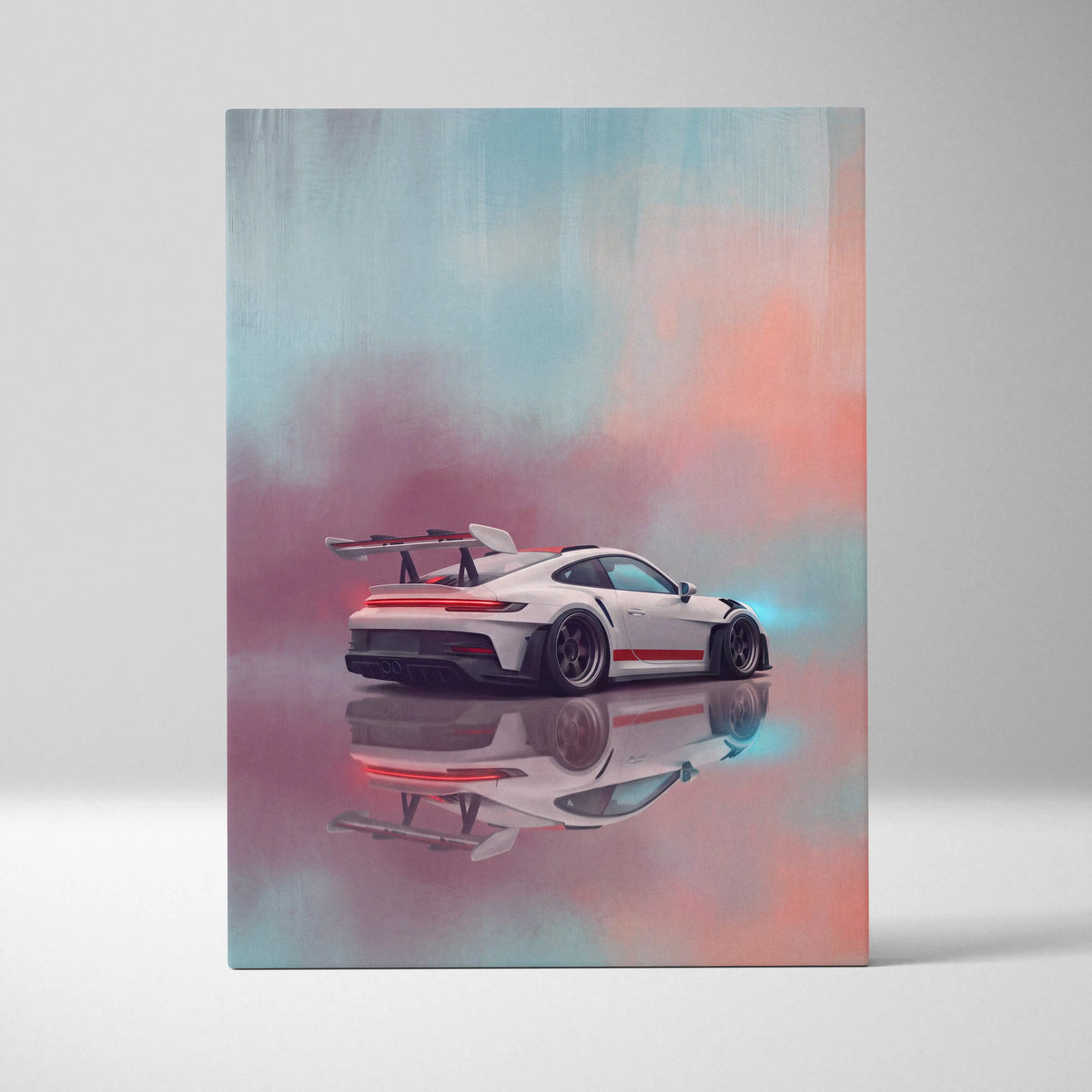 White porsche 911 gt3 rs inspired supercar canvas art with red accent stripe and black wheels wall art print