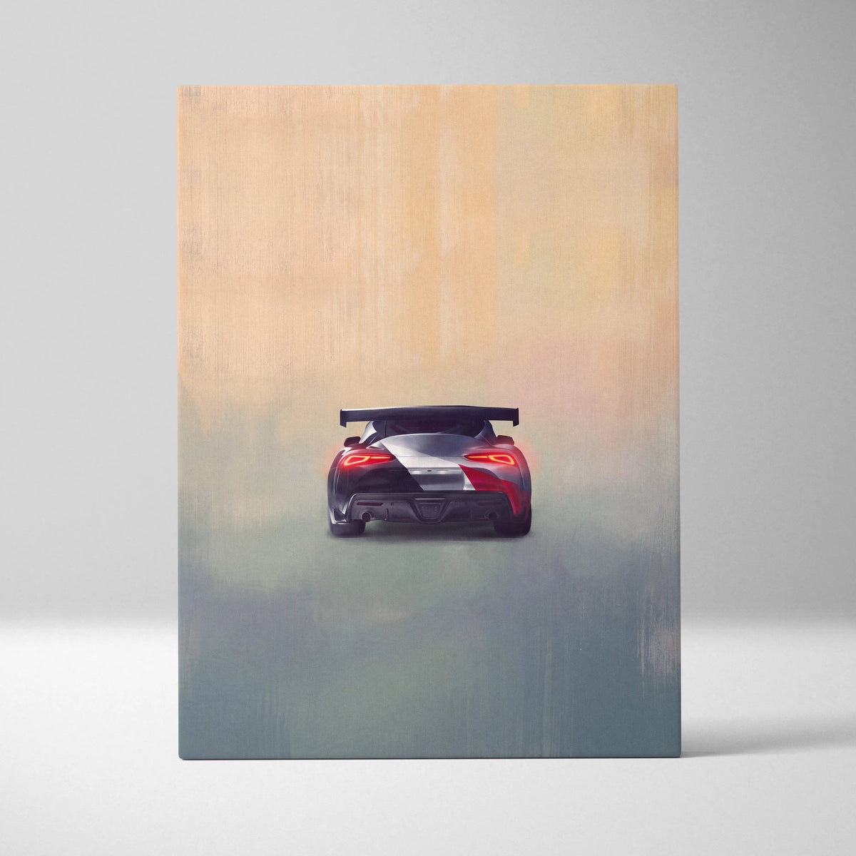 Red and silver toyota supra race car with black rear spoiler canvas art for garage wall decor motorsport supercar