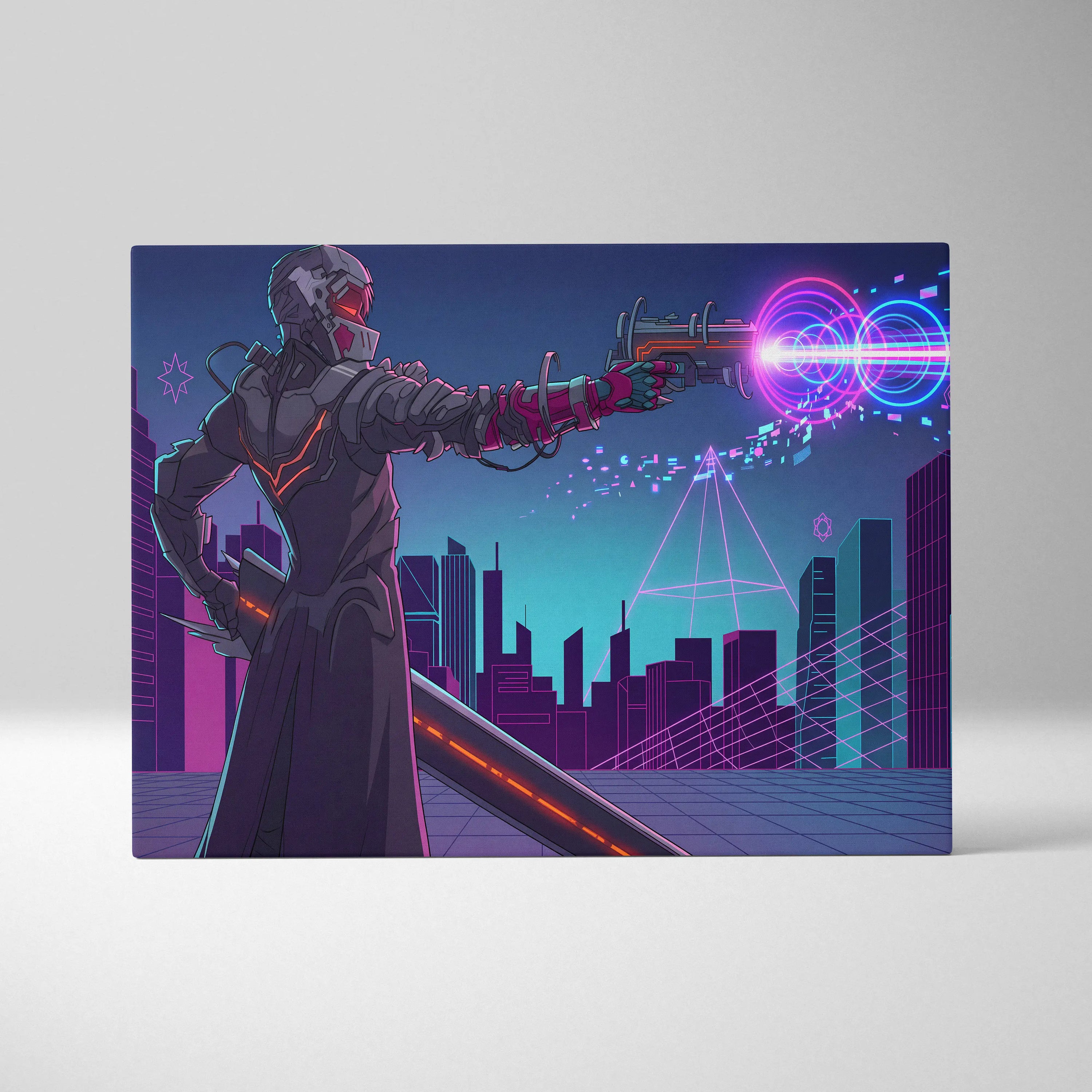 Neon Vaporwave Knight Canvas - Cybernetic Neon Warrior Pink Living Vaporwave Futuristic Mood Retro Synthwave Wall Art