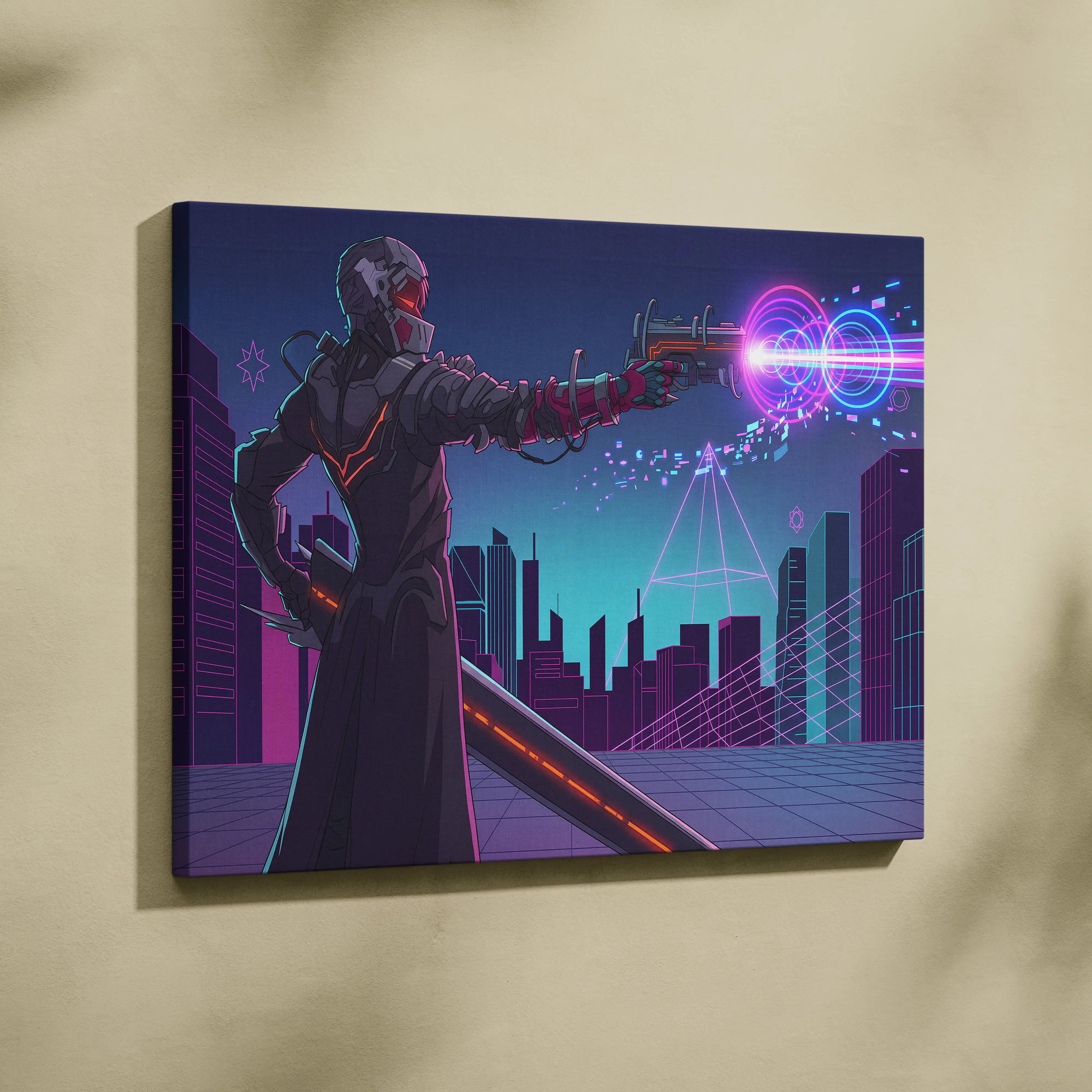 Neon Vaporwave Knight Canvas - Cybernetic Neon Warrior Pink Living Vaporwave Futuristic Mood Retro Synthwave Wall Art