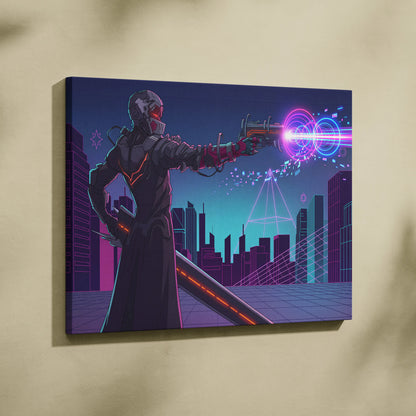 Neon Vaporwave Knight Canvas - Cybernetic Neon Warrior Pink Living Vaporwave Futuristic Mood Retro Synthwave Wall Art