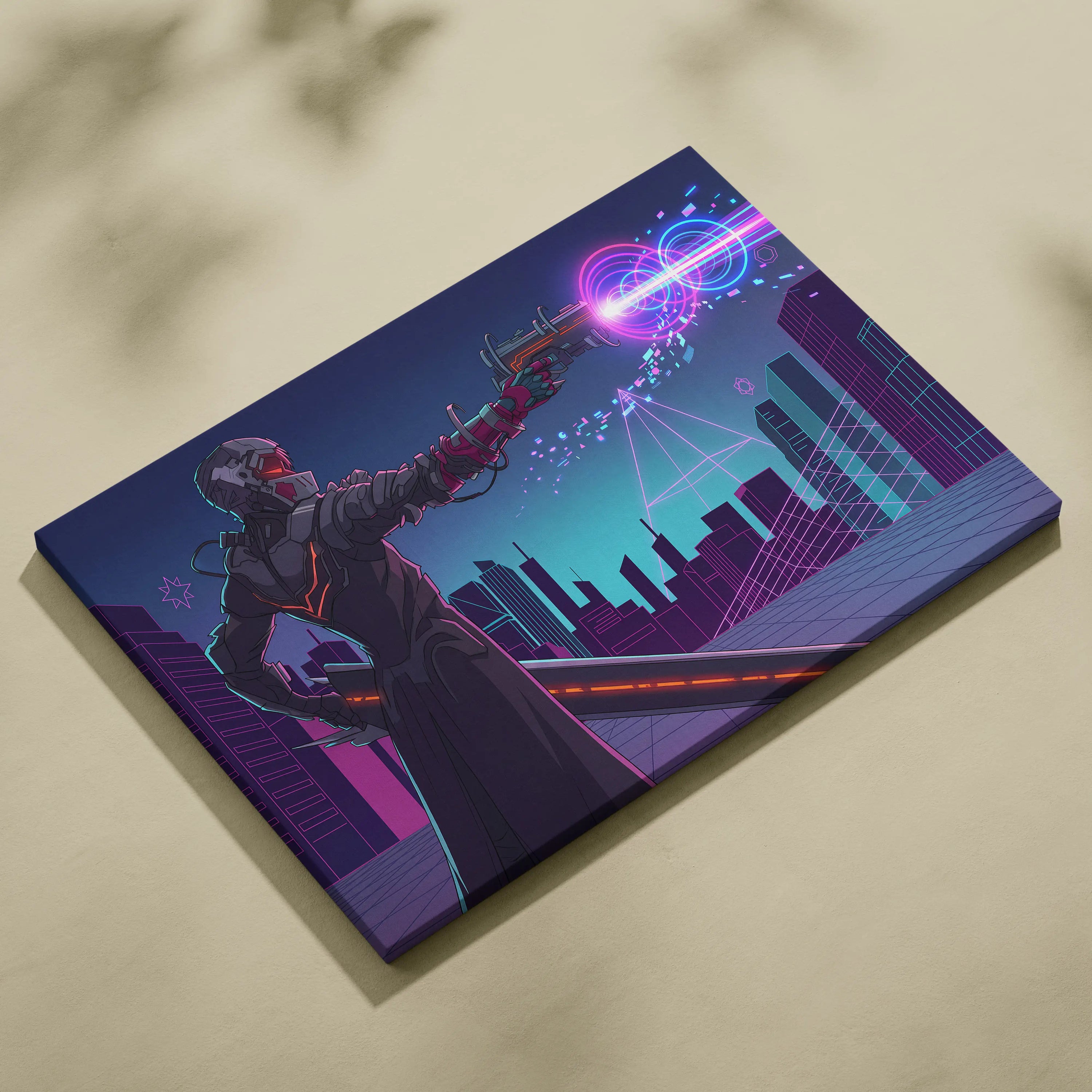 Neon Vaporwave Knight Canvas - Cybernetic Neon Warrior Pink Living Vaporwave Futuristic Mood Retro Synthwave Wall Art