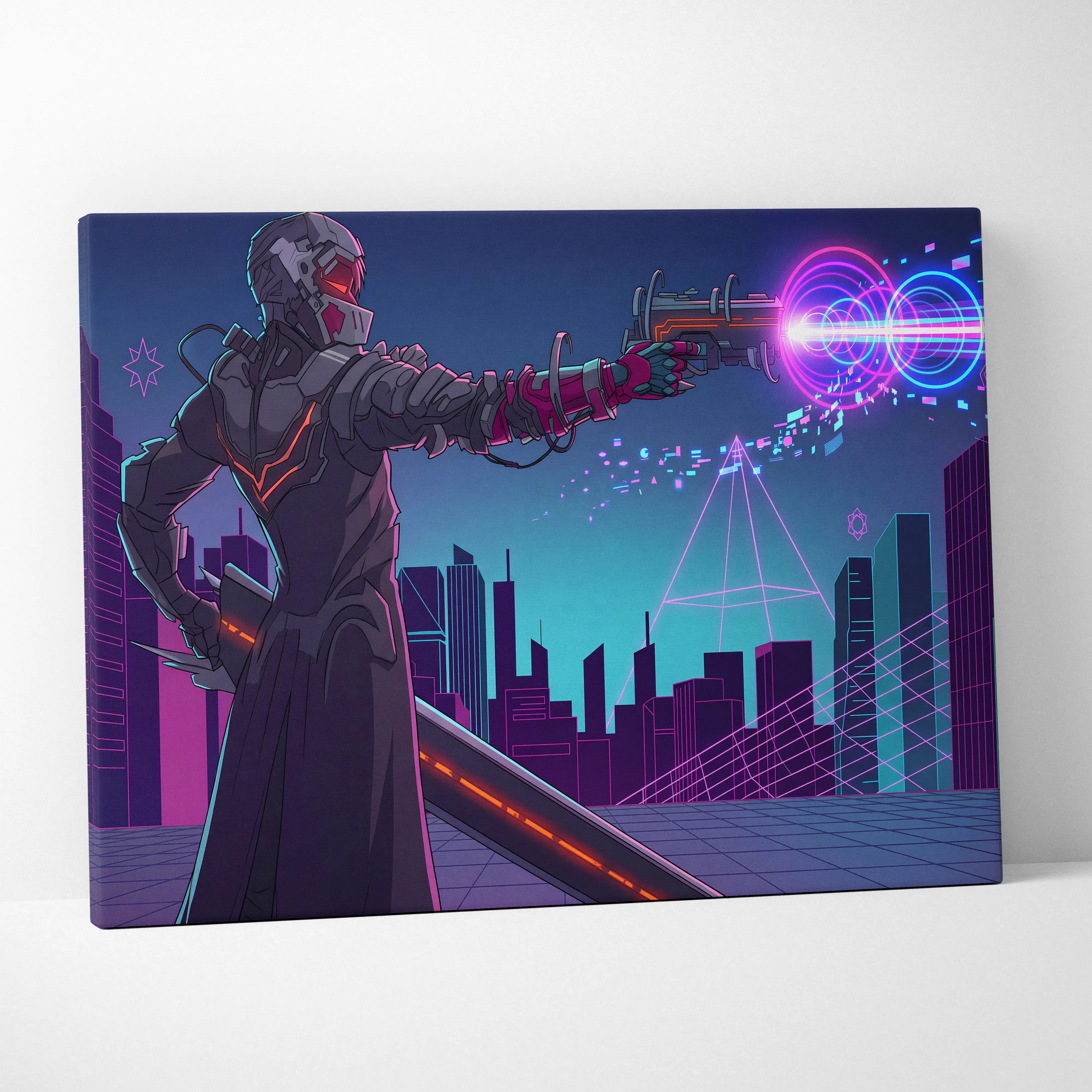 Neon Vaporwave Knight Canvas - Cybernetic Neon Warrior Pink Living Vaporwave Futuristic Mood Retro Synthwave Wall Art