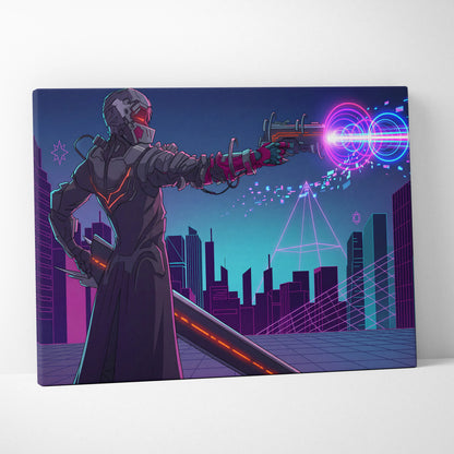 Neon Vaporwave Knight Canvas - Cybernetic Neon Warrior Pink Living Vaporwave Futuristic Mood Retro Synthwave Wall Art