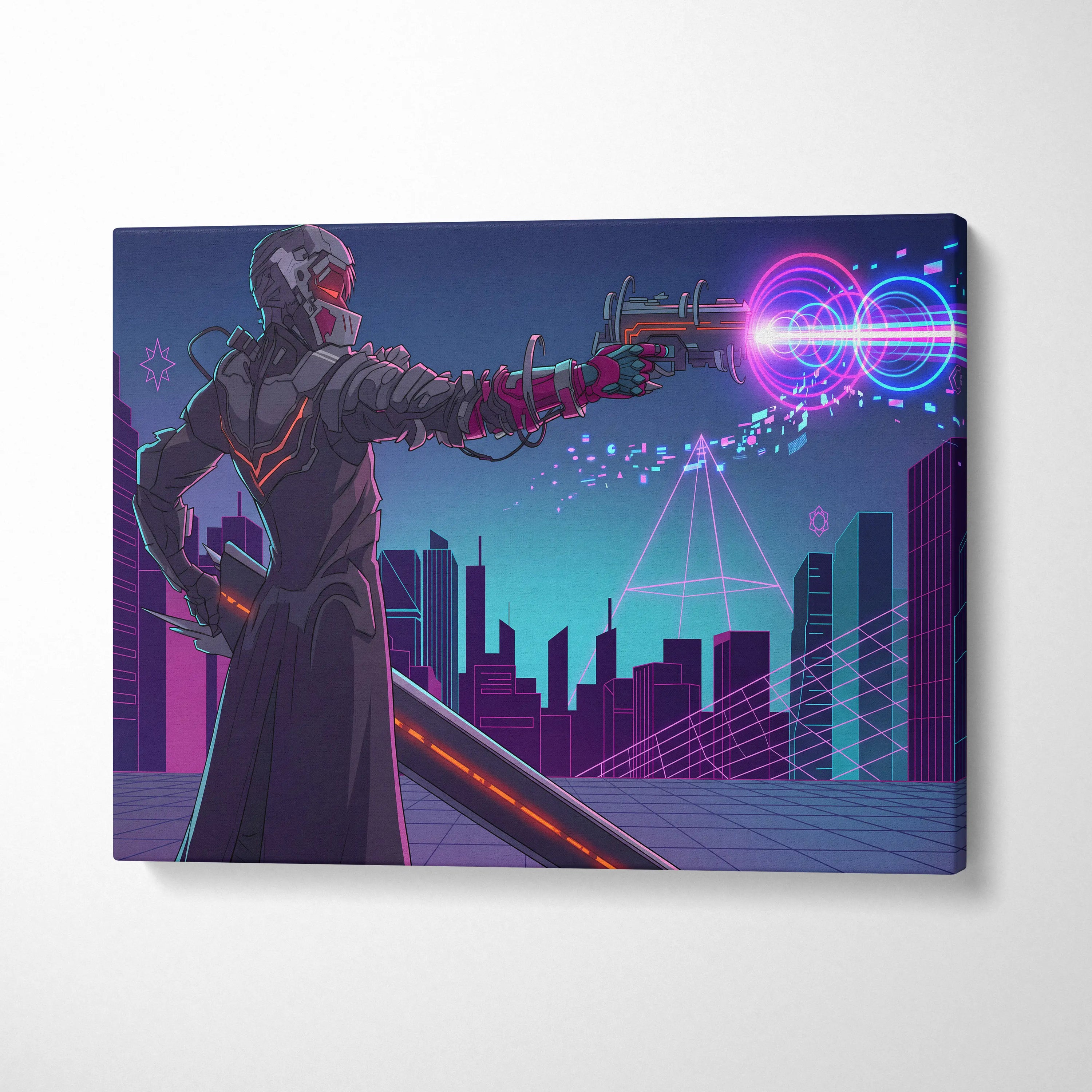 Neon Vaporwave Knight Canvas - Cybernetic Neon Warrior Pink Living Vaporwave Futuristic Mood Retro Synthwave Wall Art