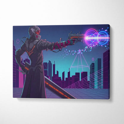 Neon Vaporwave Knight Canvas - Cybernetic Neon Warrior Pink Living Vaporwave Futuristic Mood Retro Synthwave Wall Art