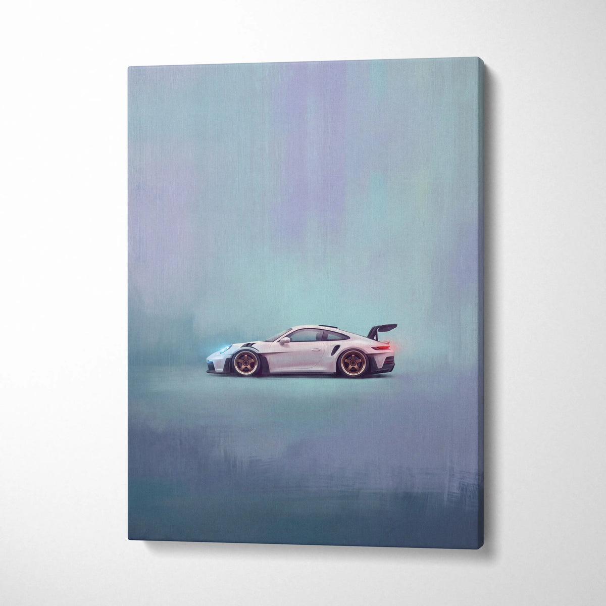 White Porsche 911 GT3 RS canvas print with gold rims on subtle gradient background for luxury supercar wall art