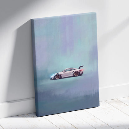 A sleek white porsche 911 gt3 rs sports car on a canvas with a soft blue and purple gradient background wall art