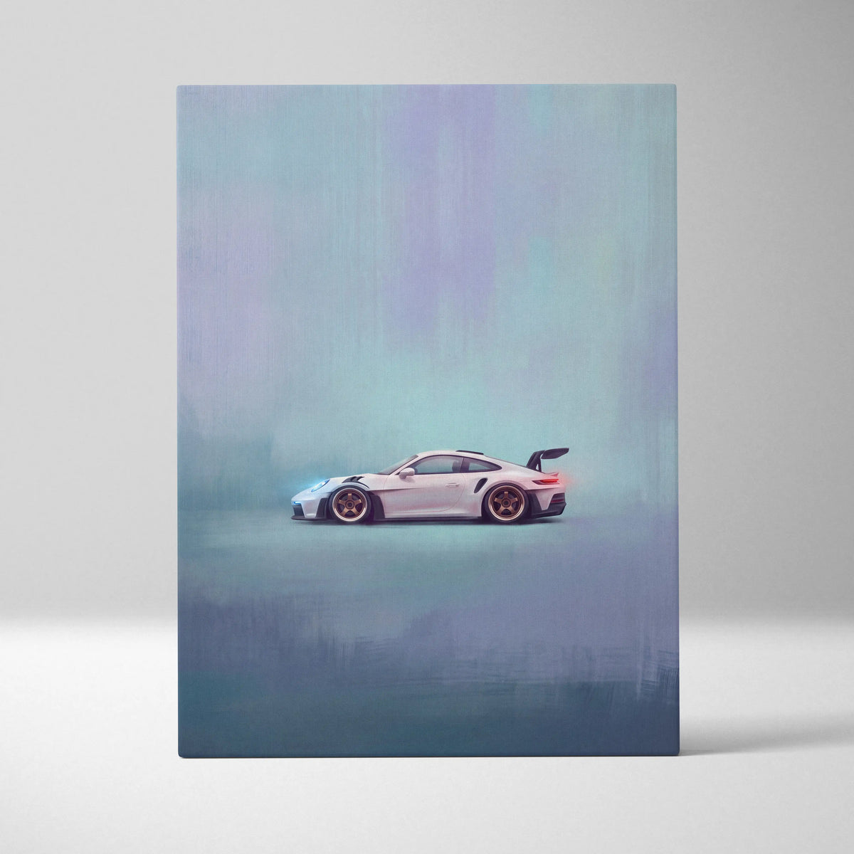 A sleek white porsche 911 gt3 rs with gold-rimmed wheels and rear wing on an artistic luxury supercar canvas print