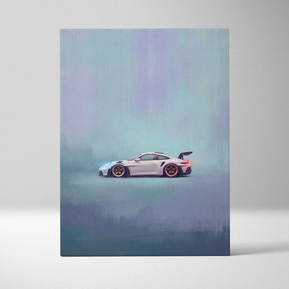 A sleek white porsche 911 gt3 rs with gold-rimmed wheels and rear wing on an artistic luxury supercar canvas print