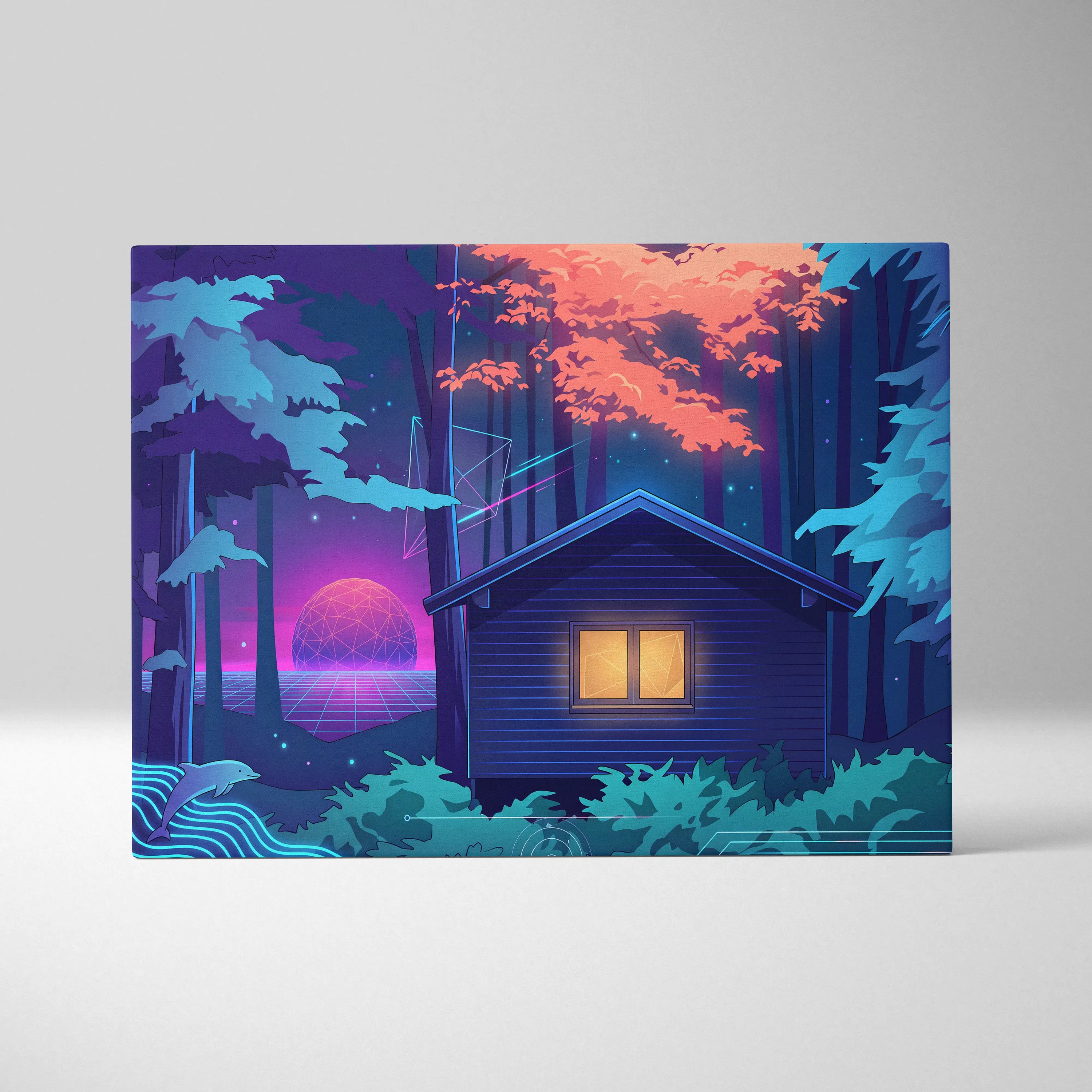 Neon Vaporwave Forest Canvas - Vaporwave Landscape Blue Purple Pink Neon Living Room Retro Dreamy Mood Canvas Print
