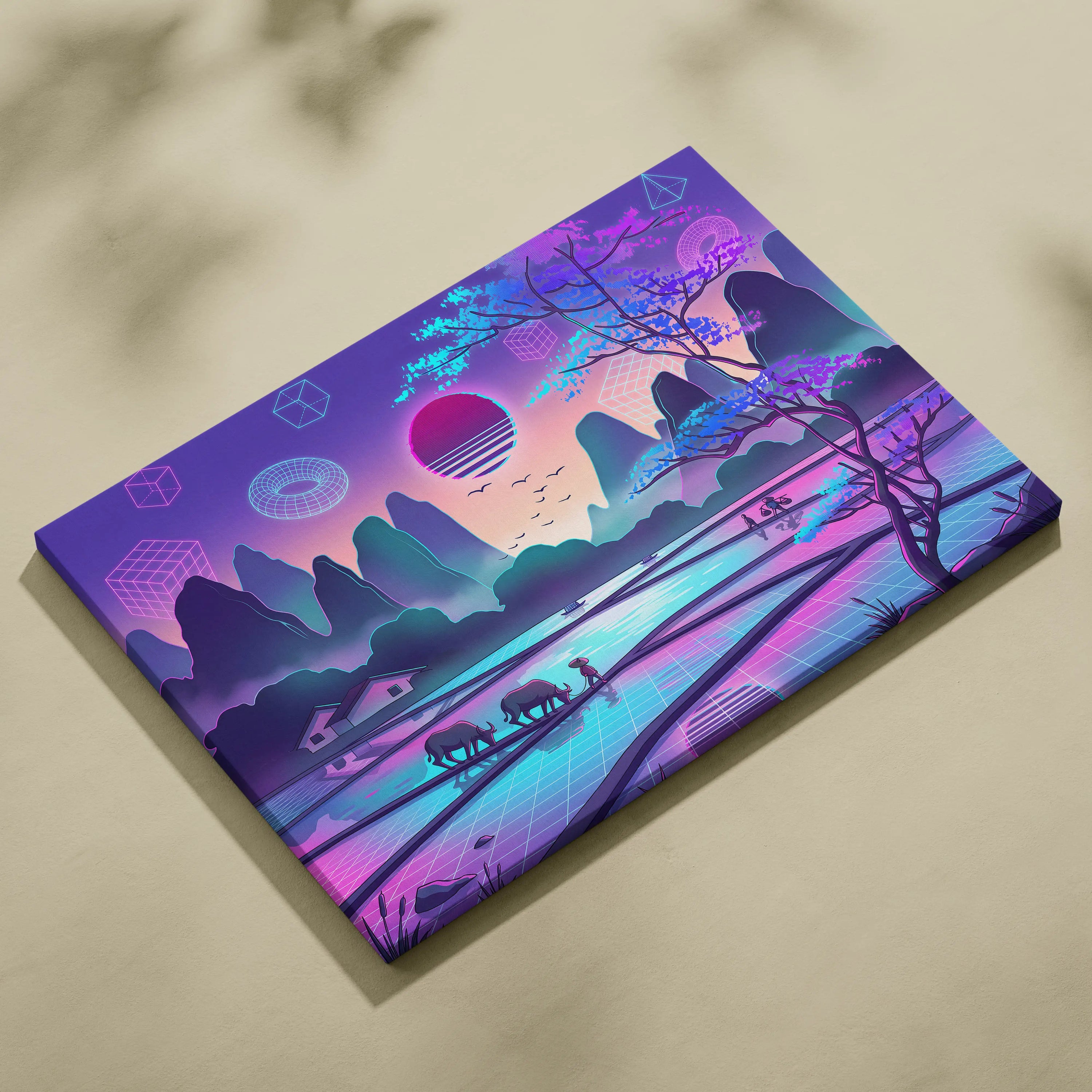 Sakura Vaporwave Neon Sunset - Sakura Neon Sunset Pastel Living Room Vaporwave Dreamy Neon Japanese Landscape Canvas