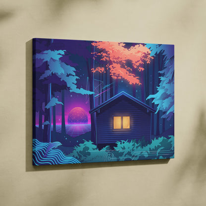 Neon Vaporwave Forest Canvas - Vaporwave Landscape Blue Purple Pink Neon Living Room Retro Dreamy Mood Canvas Print