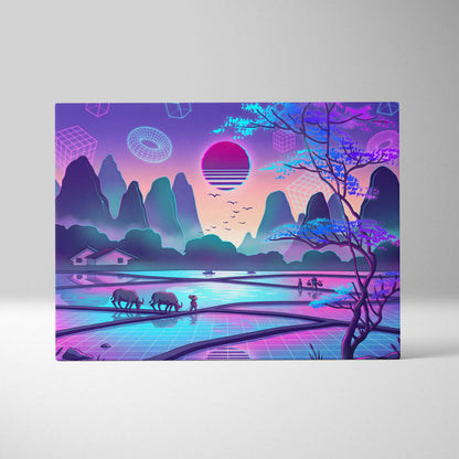 Sakura Vaporwave Neon Sunset - Sakura Neon Sunset Pastel Living Room Vaporwave Dreamy Neon Japanese Landscape Canvas