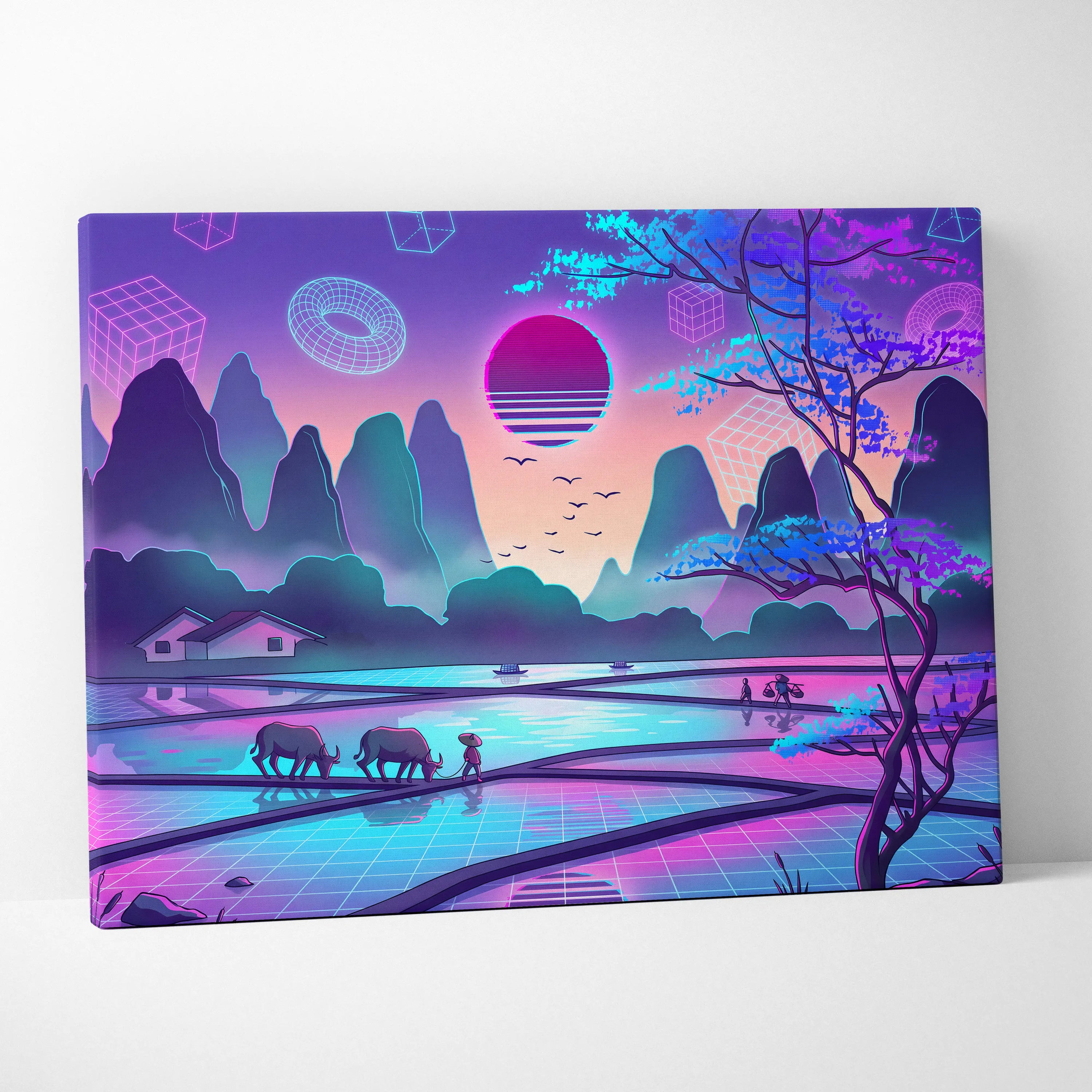 Sakura Vaporwave Neon Sunset - Sakura Neon Sunset Pastel Living Room Vaporwave Dreamy Neon Japanese Landscape Canvas