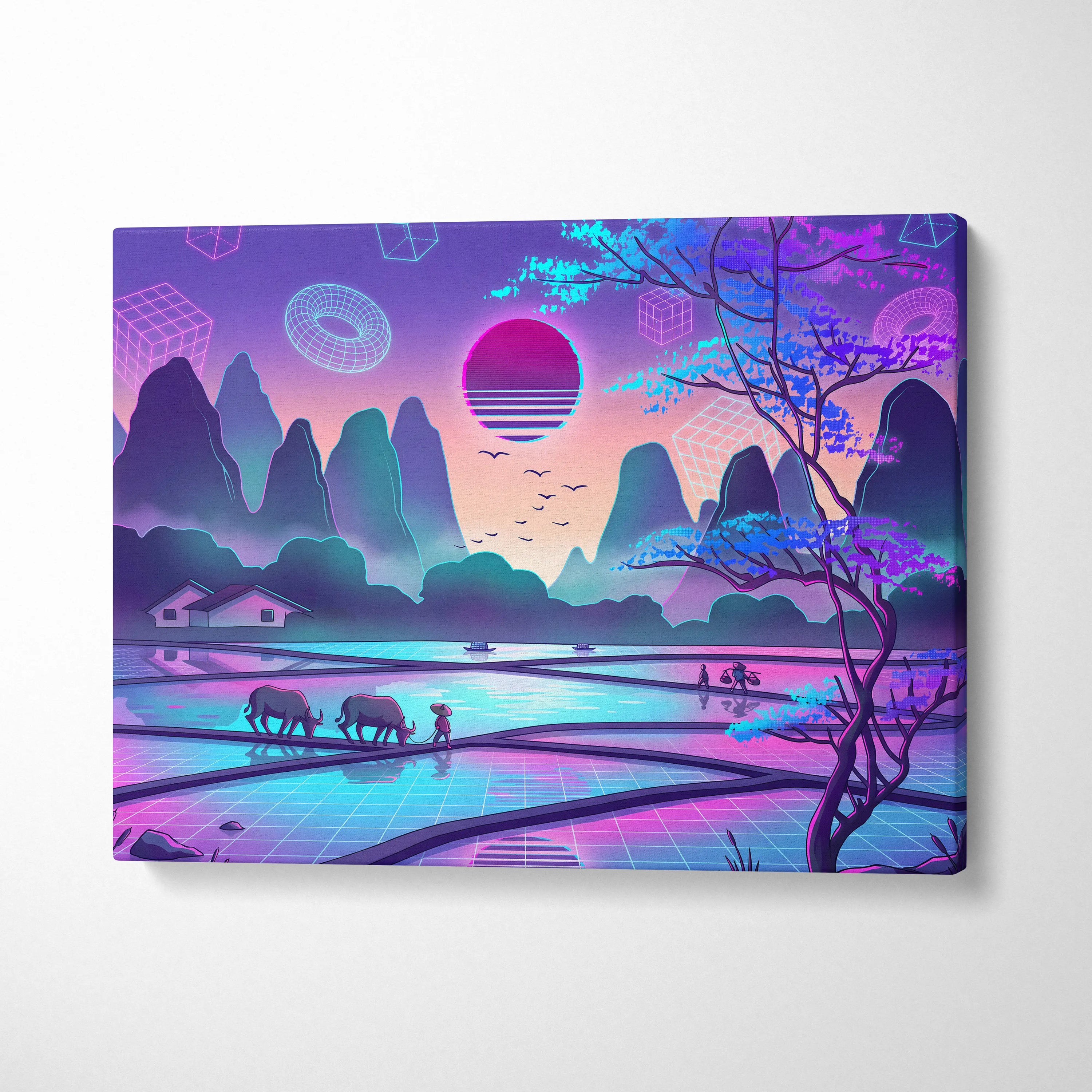 Sakura Vaporwave Neon Sunset - Sakura Neon Sunset Pastel Living Room Vaporwave Dreamy Neon Japanese Landscape Canvas