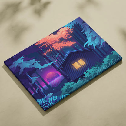 Neon Vaporwave Forest Canvas - Vaporwave Landscape Blue Purple Pink Neon Living Room Retro Dreamy Mood Canvas Print