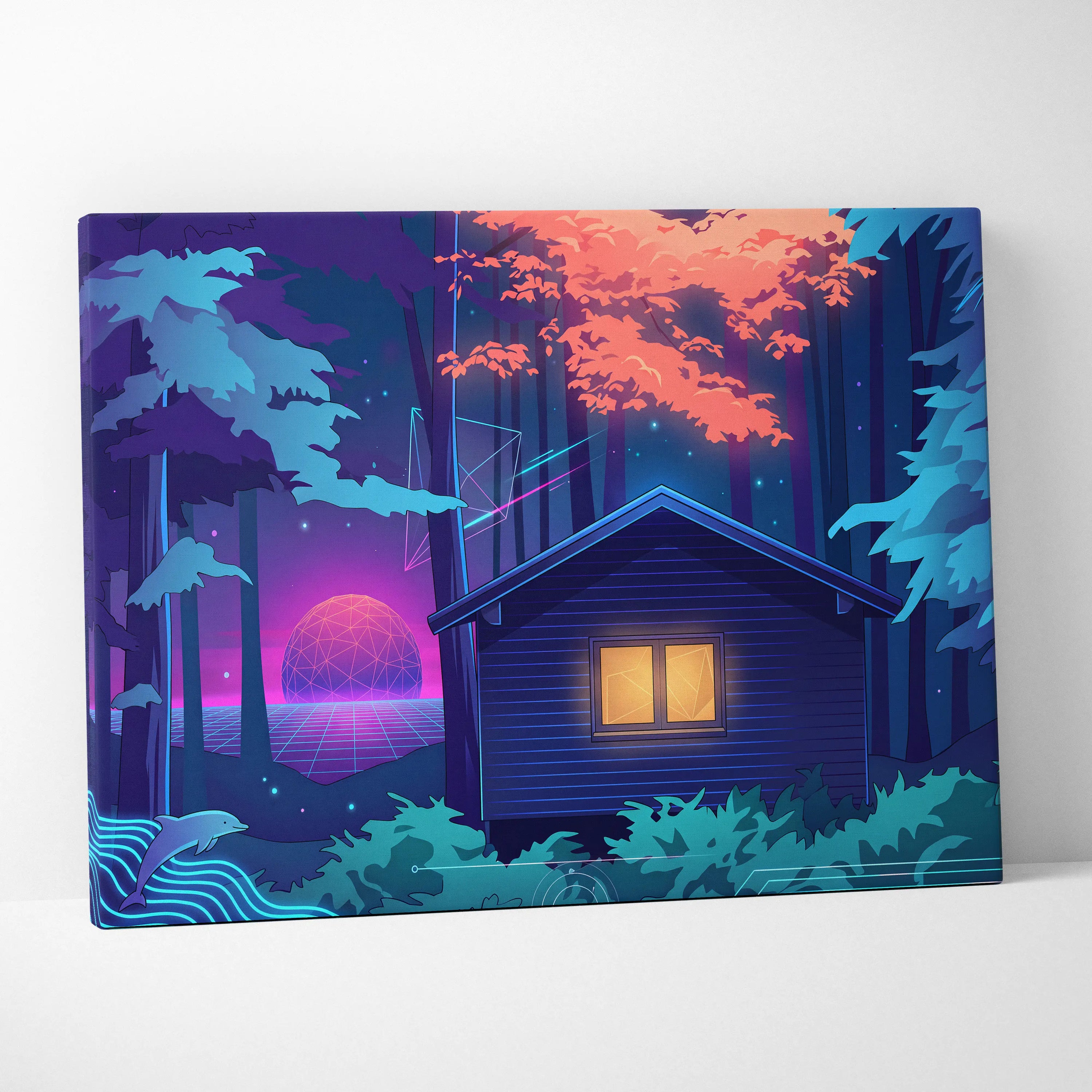Neon Vaporwave Forest Canvas - Vaporwave Landscape Blue Purple Pink Neon Living Room Retro Dreamy Mood Canvas Print