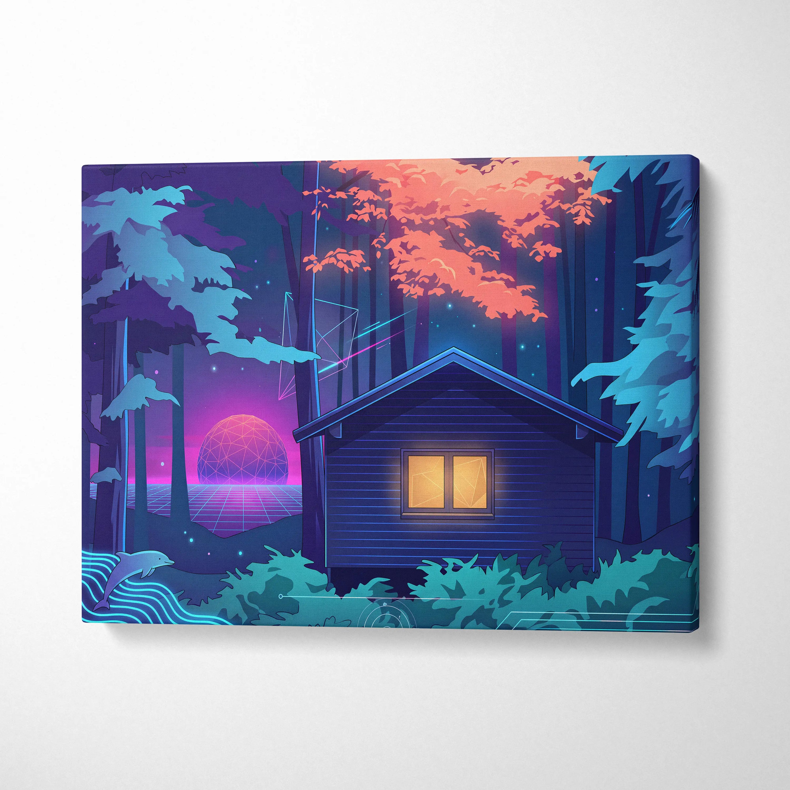Neon Vaporwave Forest Canvas - Vaporwave Landscape Blue Purple Pink Neon Living Room Retro Dreamy Mood Canvas Print