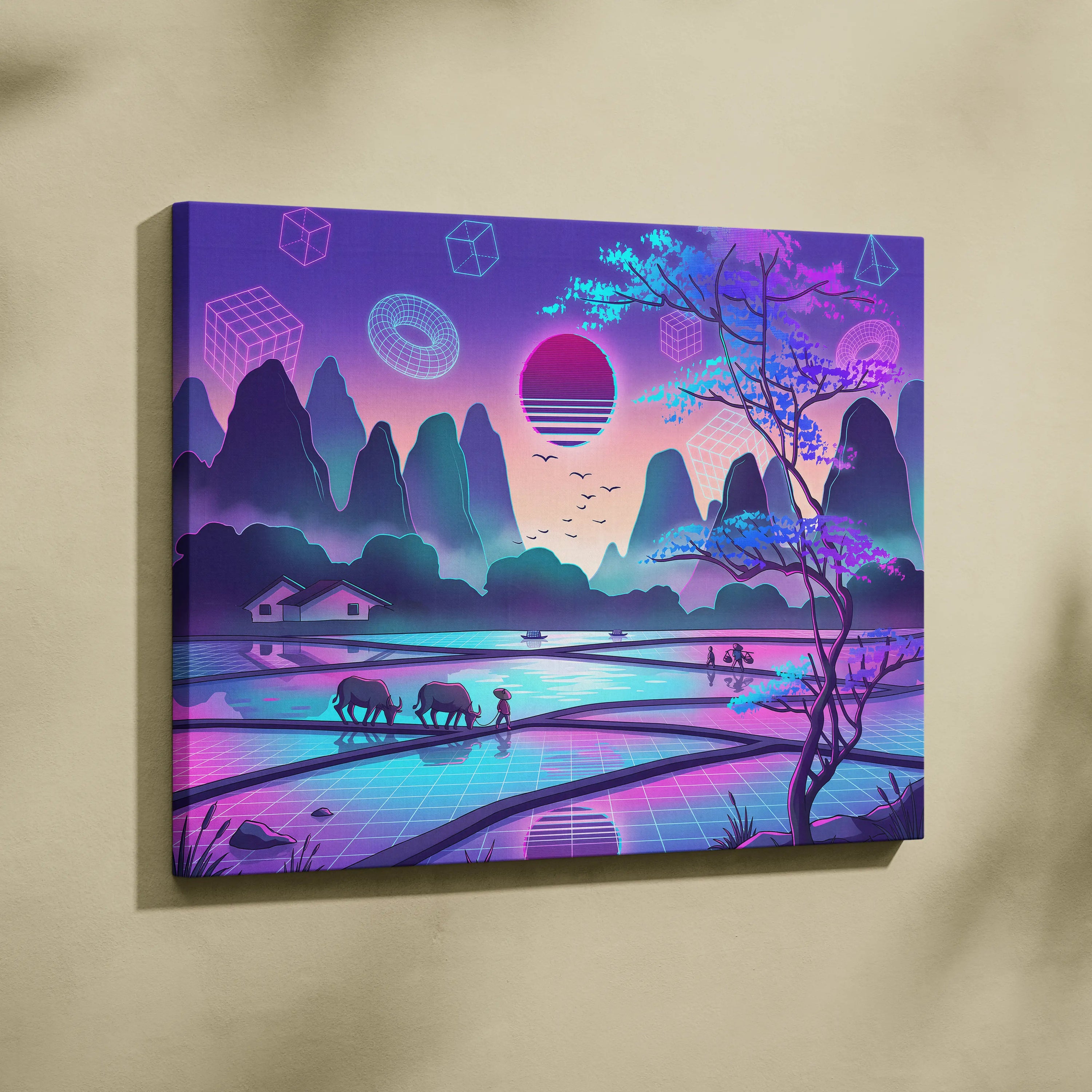 Sakura Vaporwave Neon Sunset - Sakura Neon Sunset Pastel Living Room Vaporwave Dreamy Neon Japanese Landscape Canvas