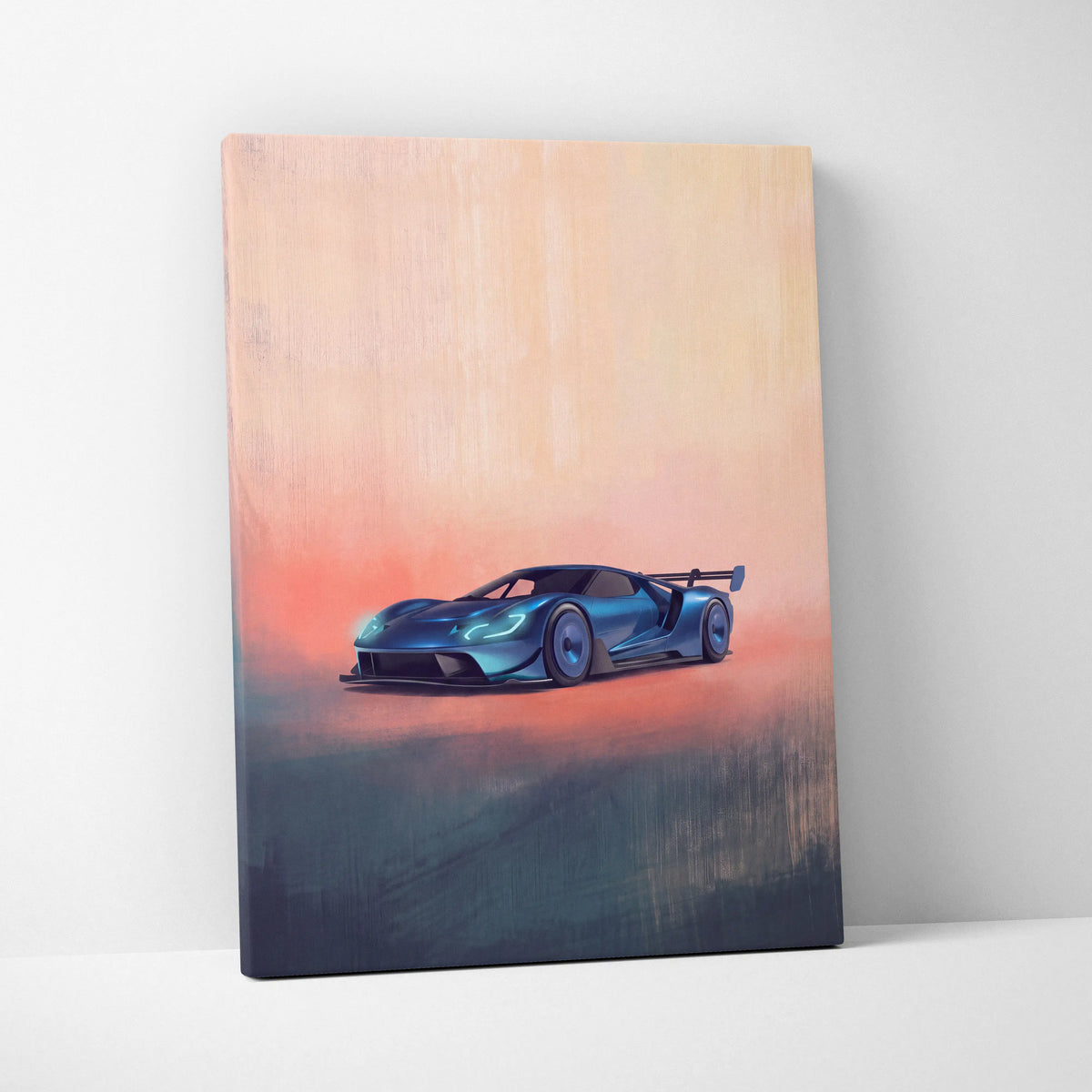 Ford GT inspired canvas art featuring a vibrant blue futuristic sports car with a sunset gradient background