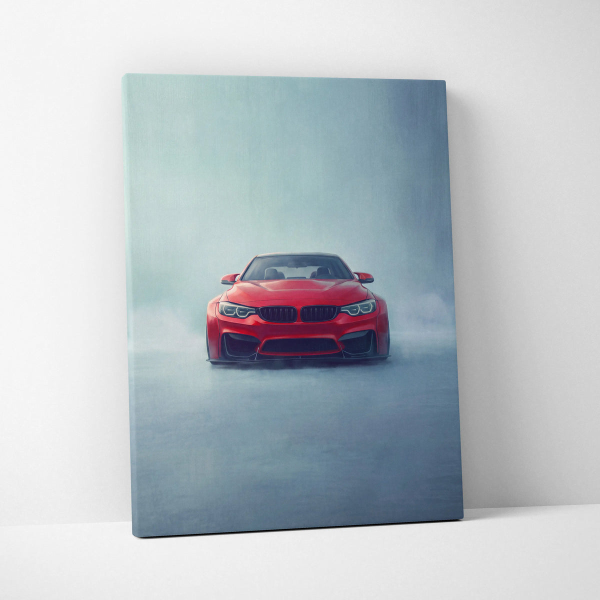 Red bmw m4 coupe inspired canvas print featuring sleek sports car design in a misty garage wall art setting