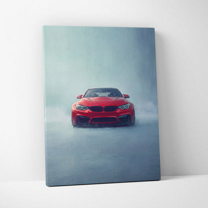 Red bmw m4 coupe inspired canvas print featuring sleek sports car design in a misty garage wall art setting