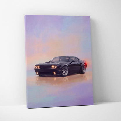 Black dodge challenger inspired car wall art canvas painting featuring sleek muscle car with glowing headlights and vibrant sky