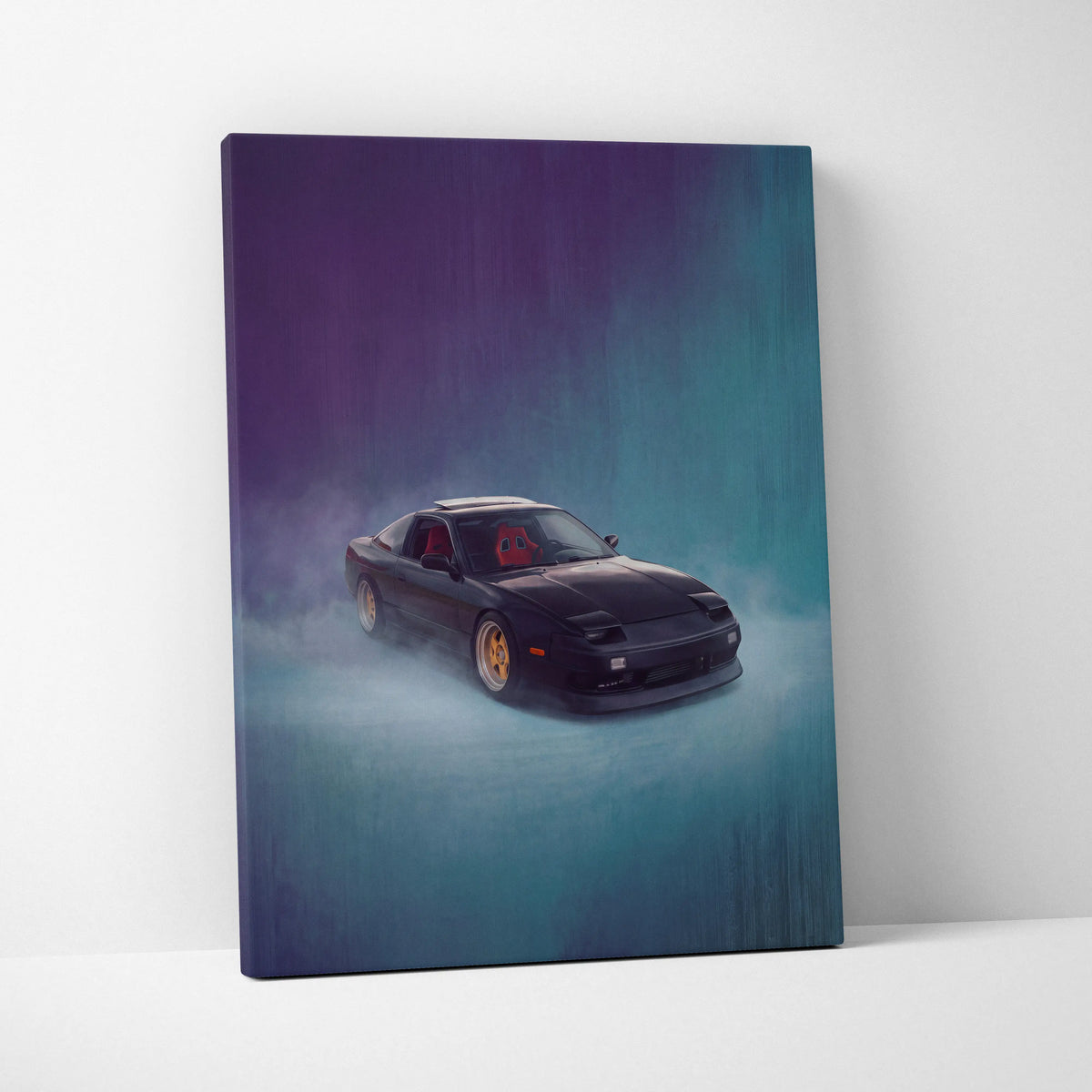 Nissan 240sx inspired canvas print featuring a black drifting 180sx with gold rims on a purple to teal background