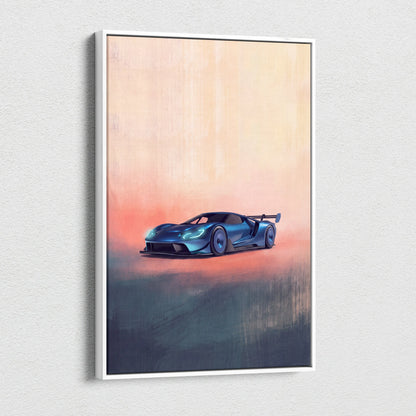 Blue futuristic ford gt inspired sports car illustration on premium canvas art in a white frame for wall decor