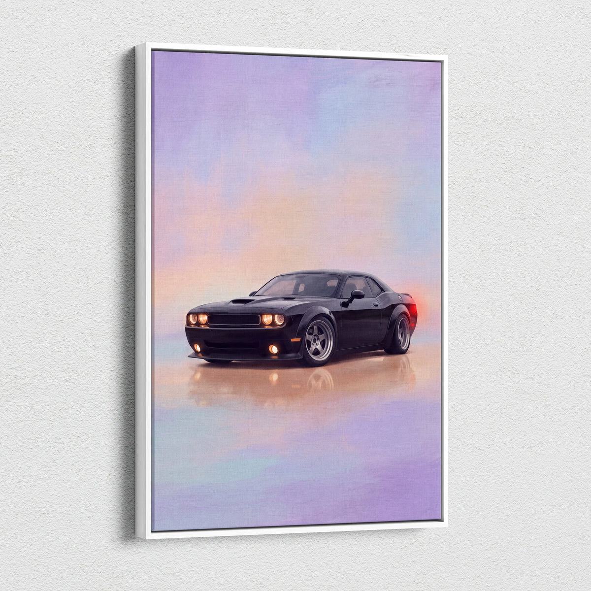 Dodge challenger inspired car wall art featuring a black muscle car canvas painting with glowing headlights under a colorful sky