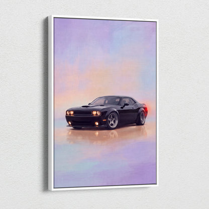 Dodge challenger inspired car wall art featuring a black muscle car canvas painting with glowing headlights under a colorful sky