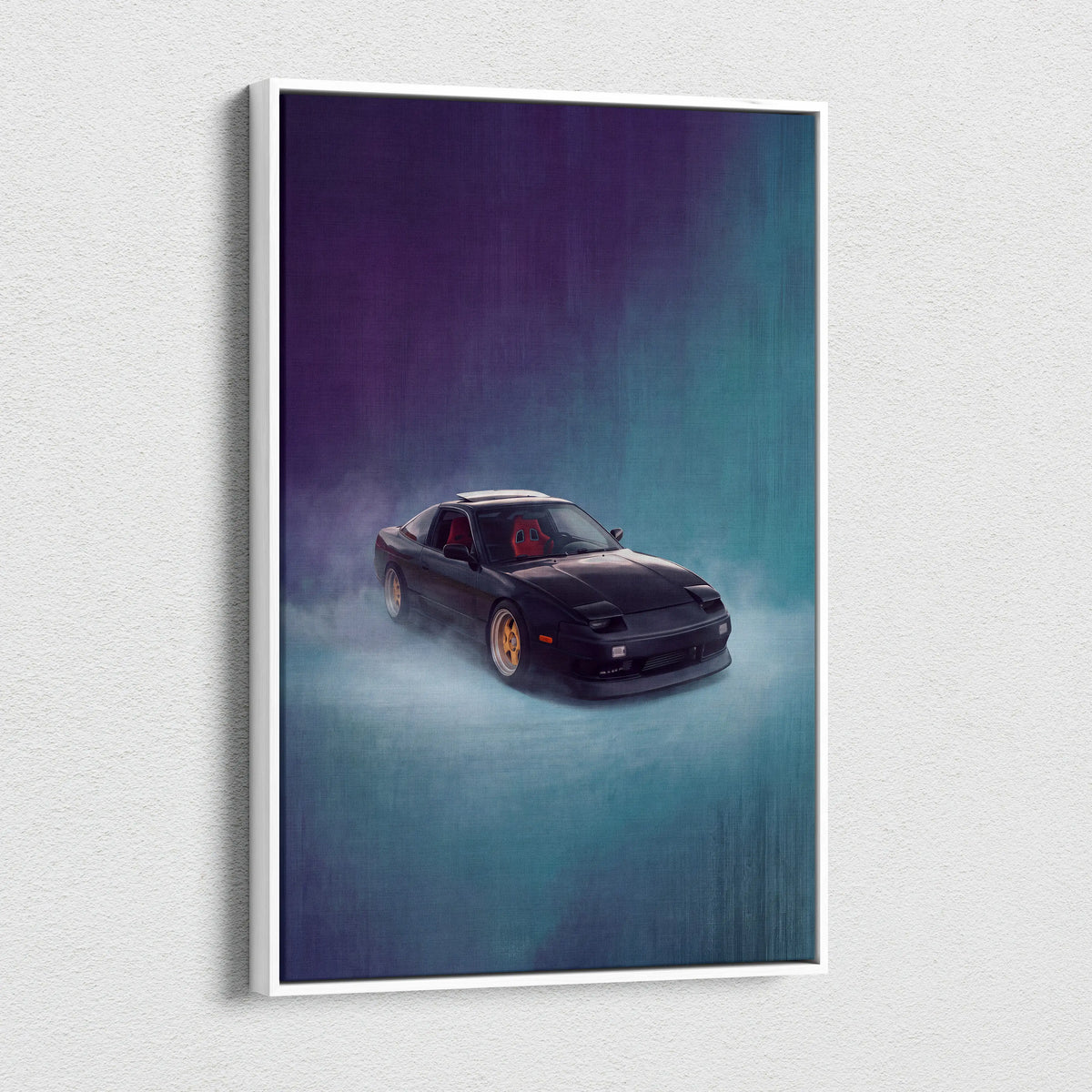 Nissan 240sx inspired canvas print of a black nissan 180sx drift car with gold rims and red interior framed in white