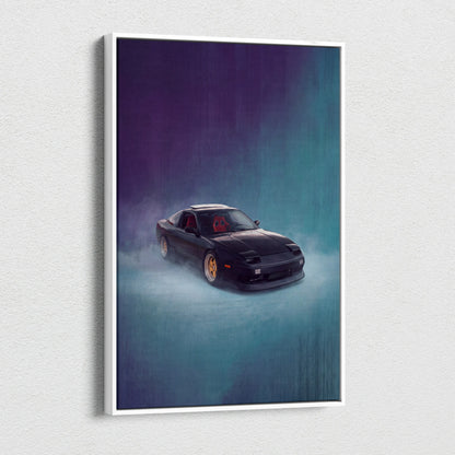 Nissan 240sx inspired canvas print of a black nissan 180sx drift car with gold rims and red interior framed in white