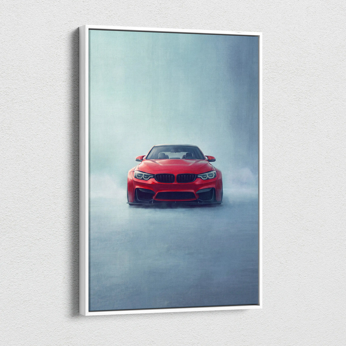 Red bmw m4 sports car canvas print with misty atmosphere perfect for garage wall art decor