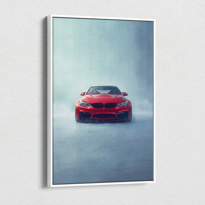 Red bmw m4 sports car canvas print with misty atmosphere perfect for garage wall art decor