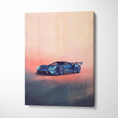 Blue Ford GT inspired canvas art with glowing headlights and sleek aerodynamic design for premium wall decor