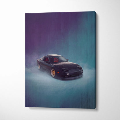 Nissan 240SX inspired canvas print featuring a black drift car with gold rims and red interior on a smoky gradient background
