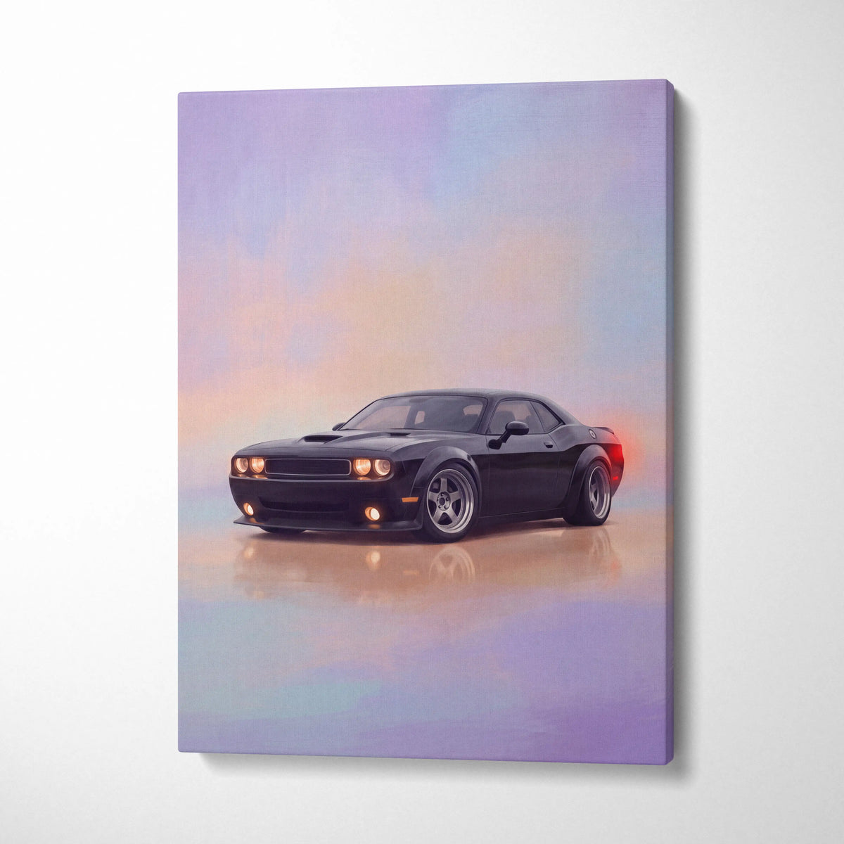 Black dodge challenger muscle car canvas painting with glossy finish and illuminated lights against pastel sky background