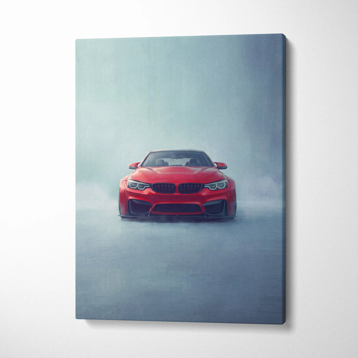 Red BMW M4 coupe canvas print featuring a sleek front view with foggy effects for garage wall art