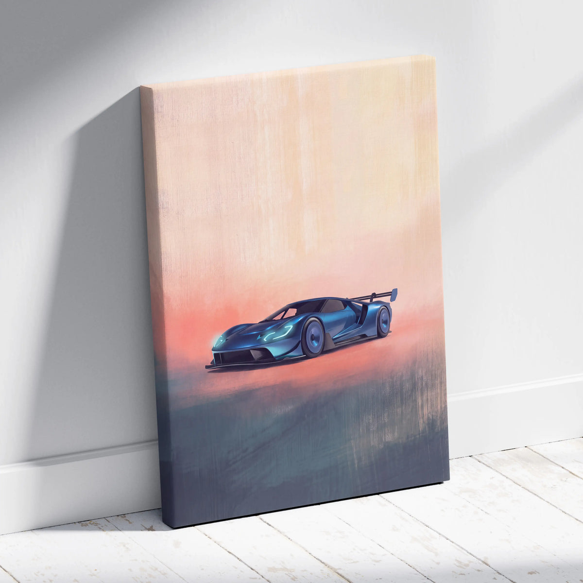 Ford GT inspired vibrant blue racing car illustration on stretched canvas with gradient sunset for automotive wall decor