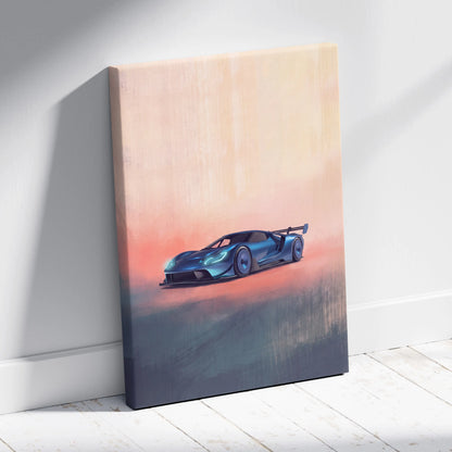 Ford GT inspired vibrant blue racing car illustration on stretched canvas with gradient sunset for automotive wall decor