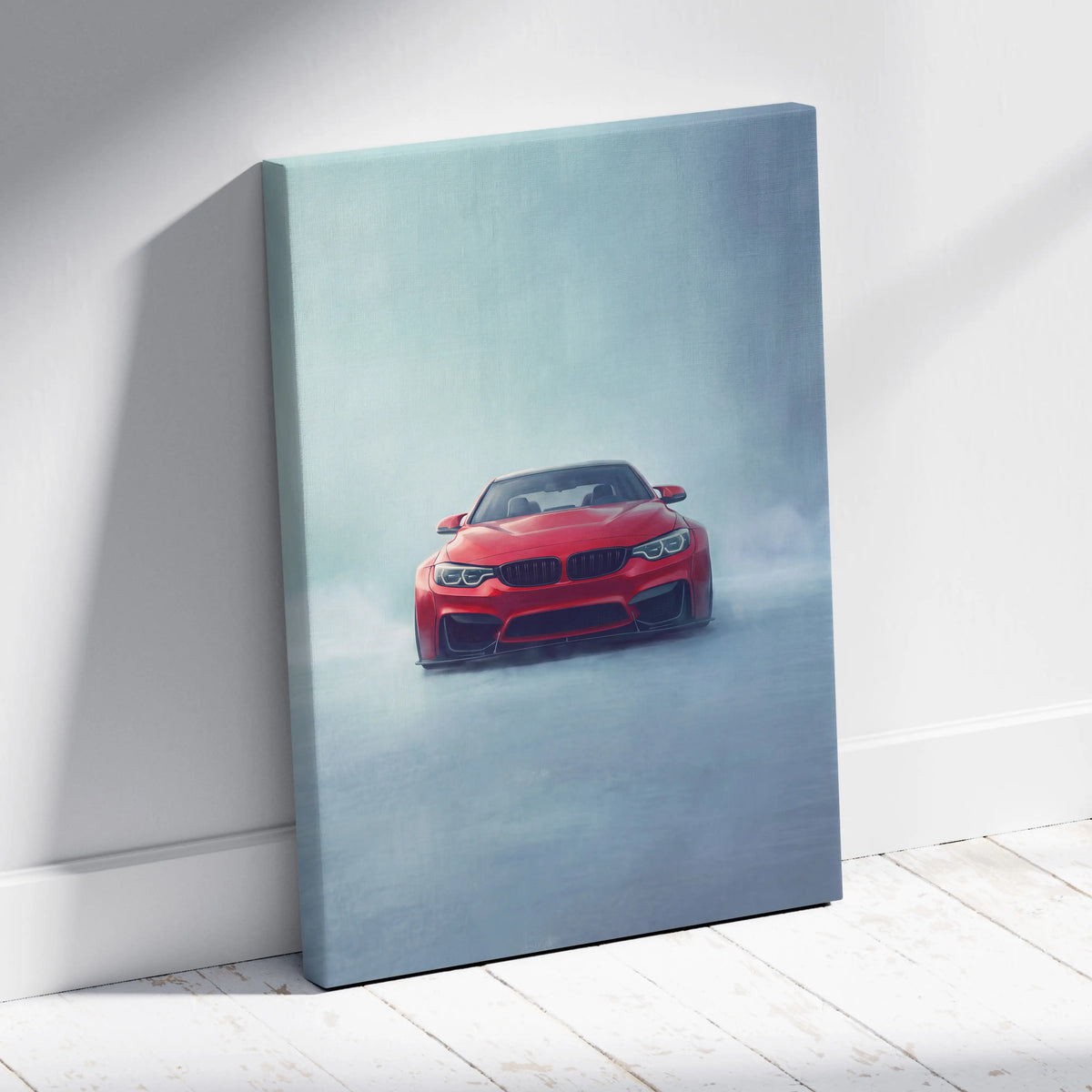 Red bmw m4 coupe inspired sports car canvas print featuring a dynamic drift scene on a misty cool-toned background