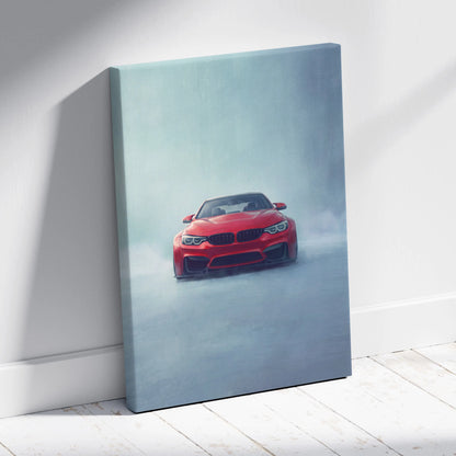 Red bmw m4 coupe inspired sports car canvas print featuring a dynamic drift scene on a misty cool-toned background