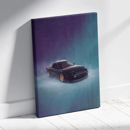 Nissan 240sx inspired automotive drift canvas print featuring black 180sx with gold rims and red interior on purple teal background
