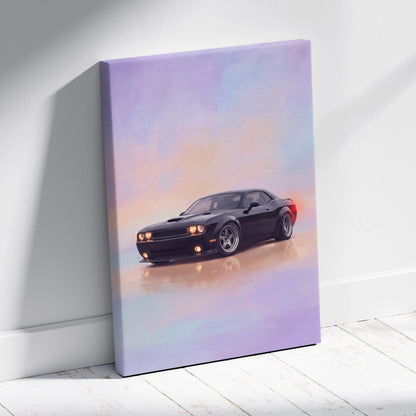 Dodge Challenger inspired car wall art featuring a black muscle car canvas painting with a glossy finish on purple orange gradient background