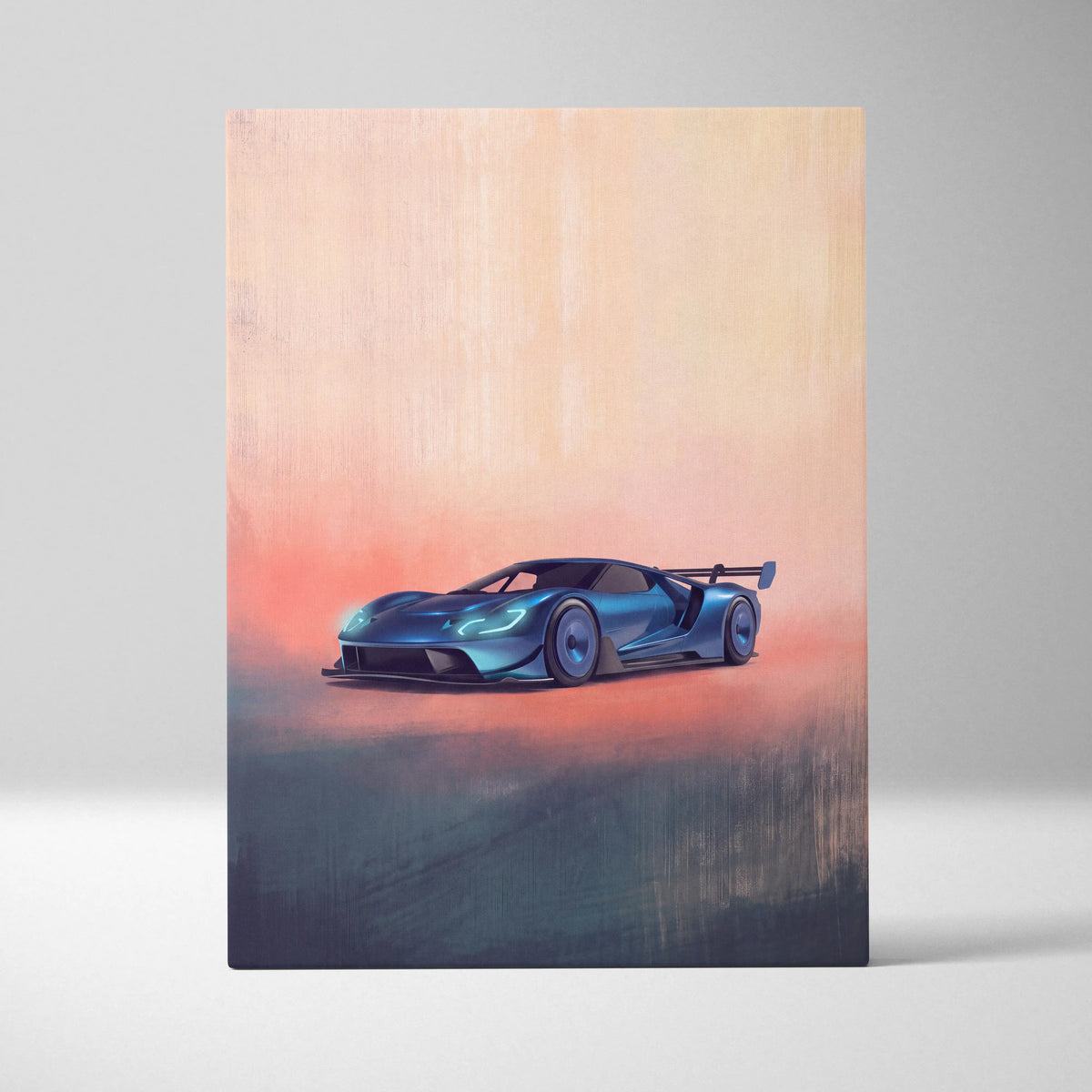 Ford gt inspired canvas art featuring a sleek metallic blue racing car with glowing headlights and a rear spoiler