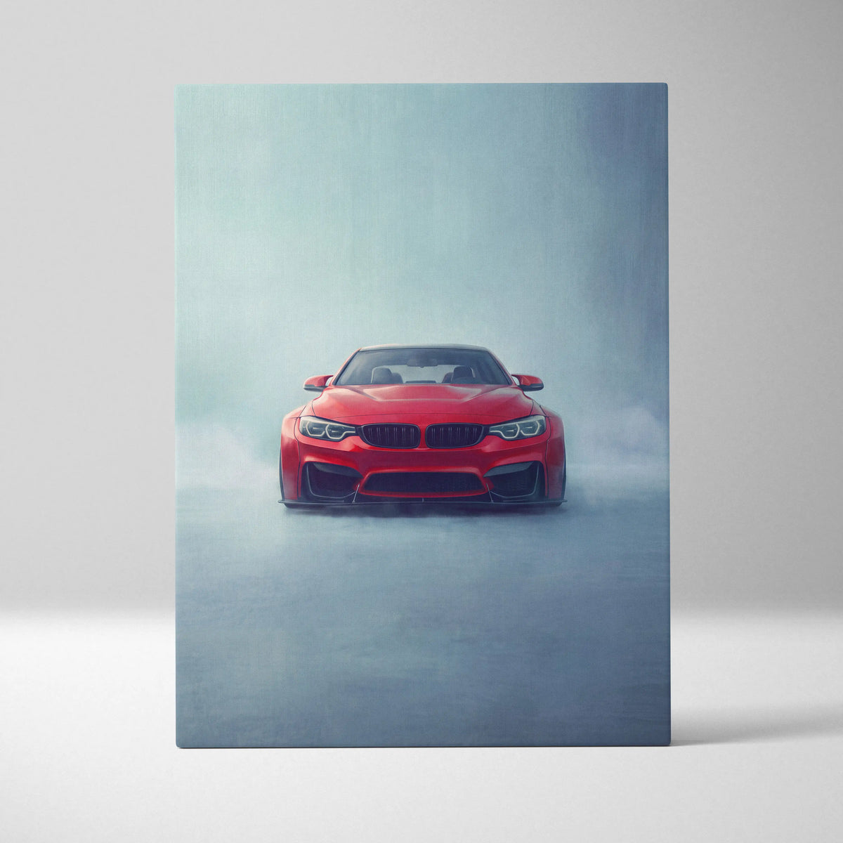 Red bmw m4 coupe wall art featuring a vibrant performance car in a misty setting on canvas for garage decor
