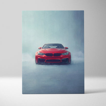 Red bmw m4 coupe wall art featuring a vibrant performance car in a misty setting on canvas for garage decor